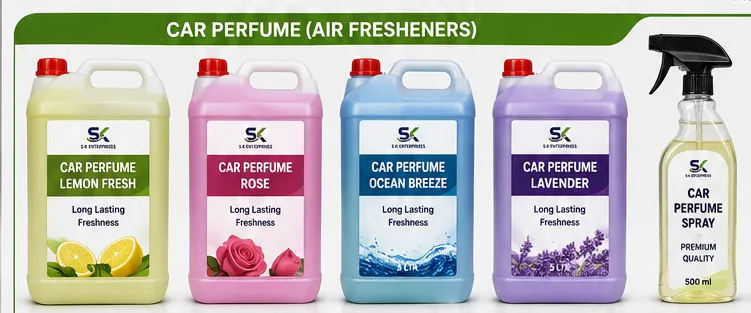 S K Enterprises Car Perfume range Lemon Fresh Rose Ocean Breeze Lavender and spray bottle