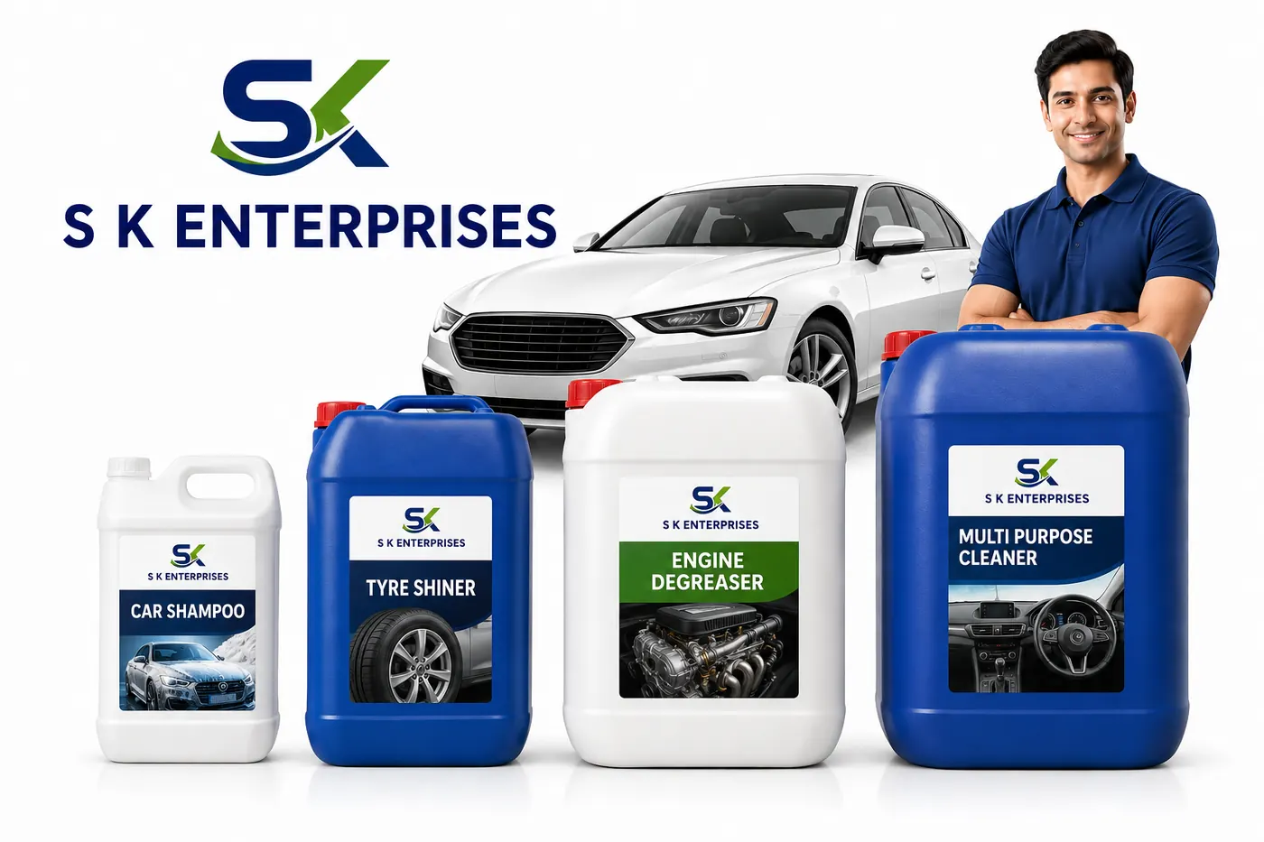 S K Enterprises car care product range — car shampoo, tyre shiner, engine degreaser and multi purpose cleaner jerry cans
